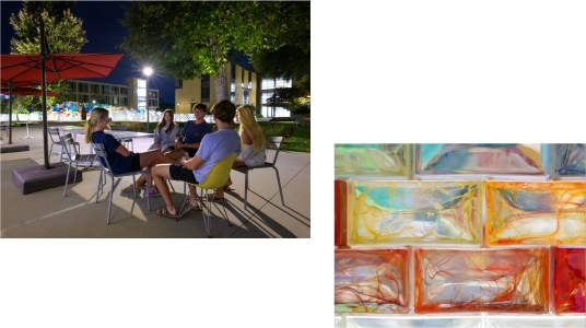 CMC students at a table nearby the Qwalala installation alongside a close-up image of the Qwalala installation.