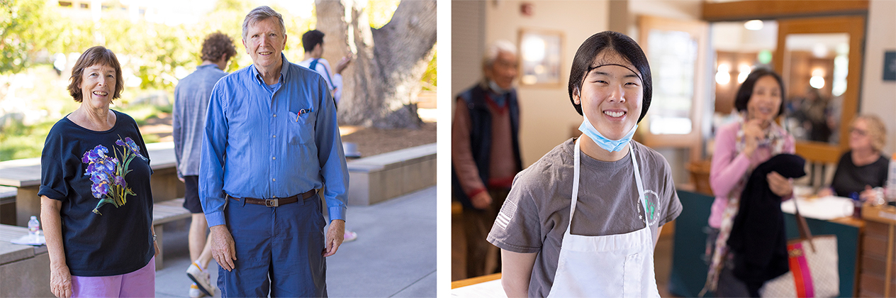 (Left) Alumni enrolled as co-learners in Professor Sharda Umanath's course; (right) Joanna Hwang ’22 volunteering at Claremont Joslyn Senior Center.