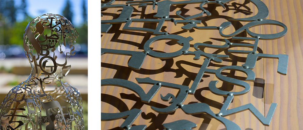 Close ups of a stainless-steel sculpture made of letter and number shapes and the letter shapes.