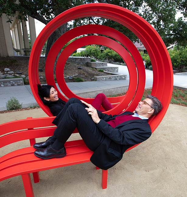 President Chodosh and Priya on the Modified Social Benches.