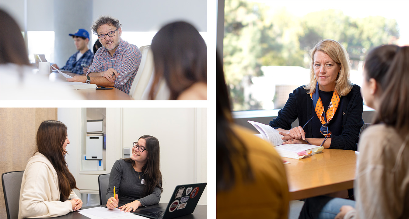 Collage of students interacting with faculty and in a tutoring session.