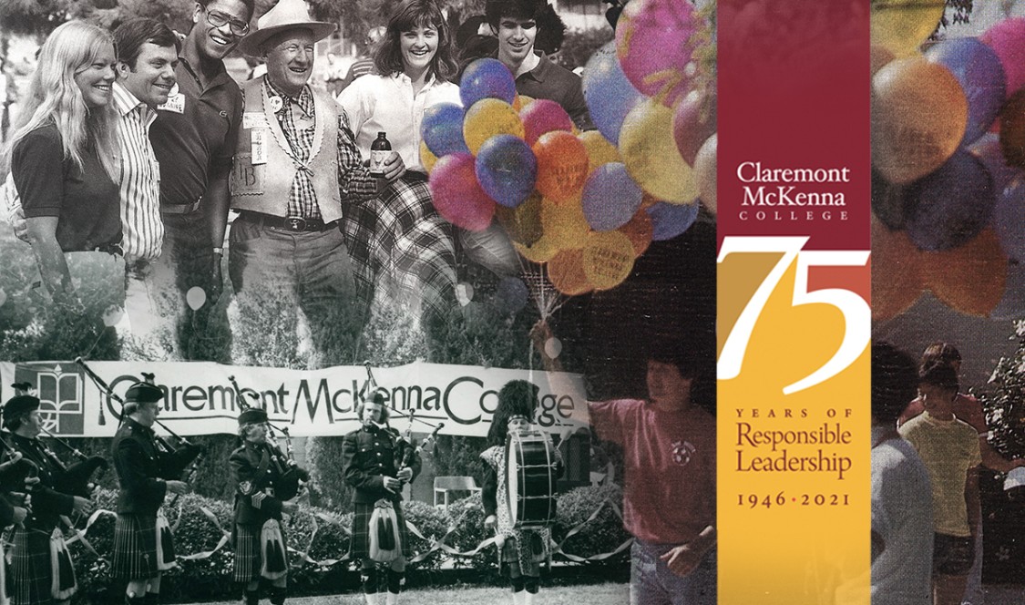 A photo collage commemorating CMC's 75th Anniversary. Pictured: student life through the decades, a &quot;75th&quot; graphic banner, colored balloons, and bagpipe players.