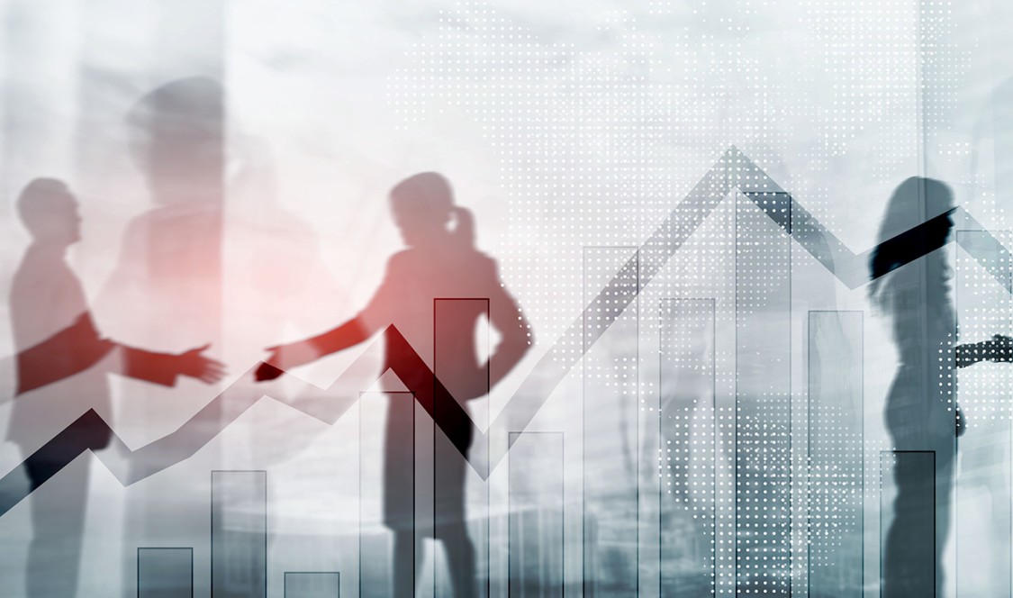 Digital illustration of people's silhouettes layered over stock projection lines and a gray skyscrapers in the background