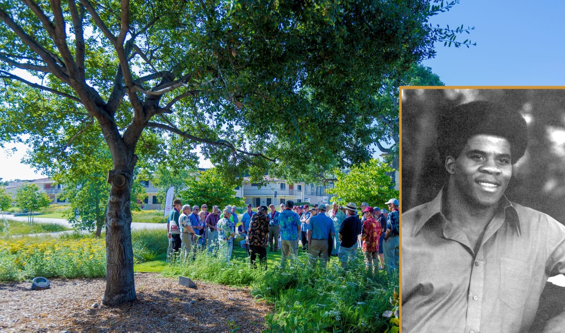 Pictured: Right, John E. Allen ’73; Background, John E. Allen Tree on campus.