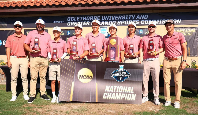 The Claremont-Mudd-Scripps men's golf team presenting their NCAA Division III championship win.