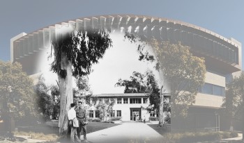 Photo collage with Kravis Center in the background and in the center, a black and white photo of students on campus in front of a building that no longer exists today (Pitzer Hall).