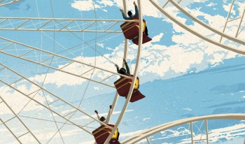 Digital illustration of people riding ferris wheels