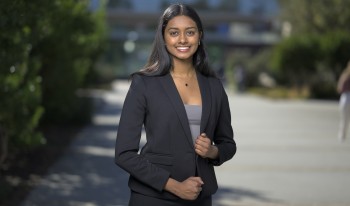 Rachana Muvvala ’24 photographed on campus near Flamson Plaza.