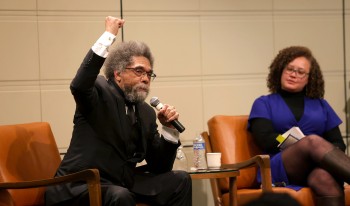 Philosopher and professor Cornel West speaking at the Ath, facilitated by Briana Toole.