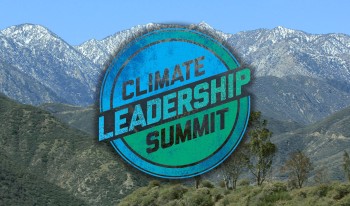 Climate Leadership Summit logo superimposed over a photo of San Gabriel Mountains