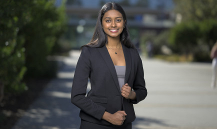 Rachana Muvvala ’24 photographed on campus near Flamson Plaza.