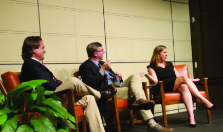 From left: Zach Courser ’99, Michael Shear ’90, and Brandi Hofﬁne ’06