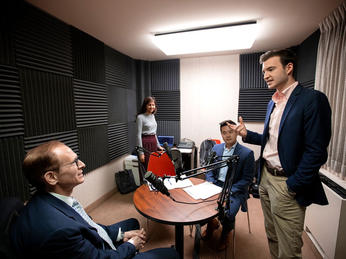 Students Nandeeni Pate, Zach Wong, and Skip Wiltshire-Gordon chat with guest Benn Steil before recording a Free Food for Thought episode.