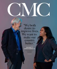 CMC Magazine cover art for Spring 2020: Tom Leppert '77 and Candace Valenzuela '05 standing together in profile. Between them is text: &quot;We both desire to improve lives. We want to make our country better.&quot; – Tom Leppert '77, Candace Valenzuela '06, and the restoration of our faith in politics.