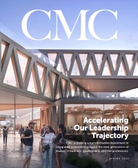 CMC Magazine's Spring 2022 cover features a render of the upcoming Robert Day Sciences Center building in pink and blue twilight lighting.