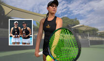 Lindsay Eisenman with tennis racket and insert shot with doubles partner